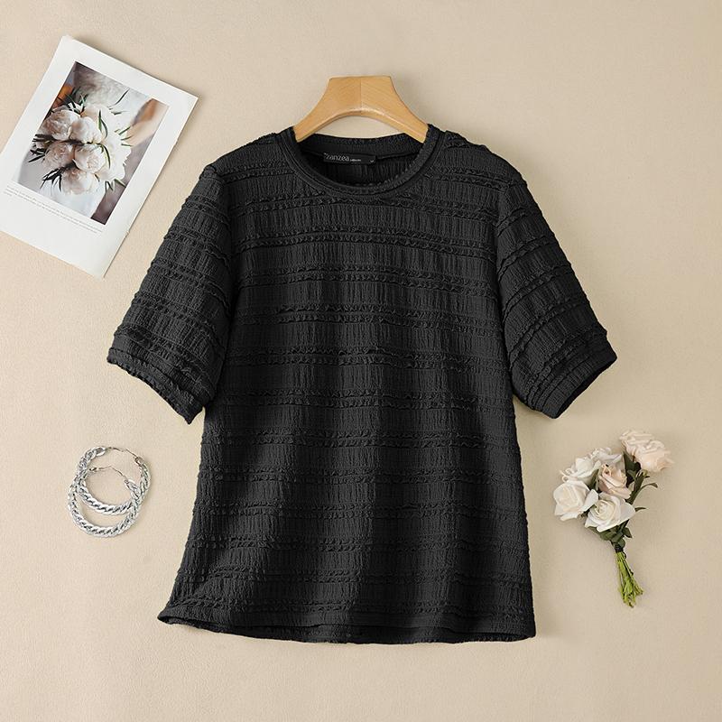 ZANZEA Women Casual Round Neck Solid Color Loose Short Sleeve Blouse