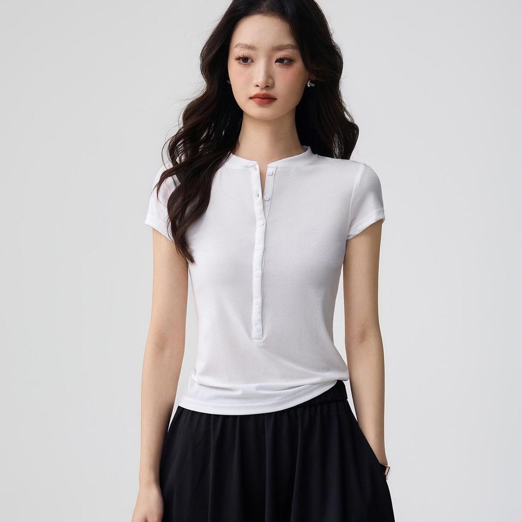 Women's Elegant Tencel Lyocell Henley Short Sleeve Slim Fit Top
