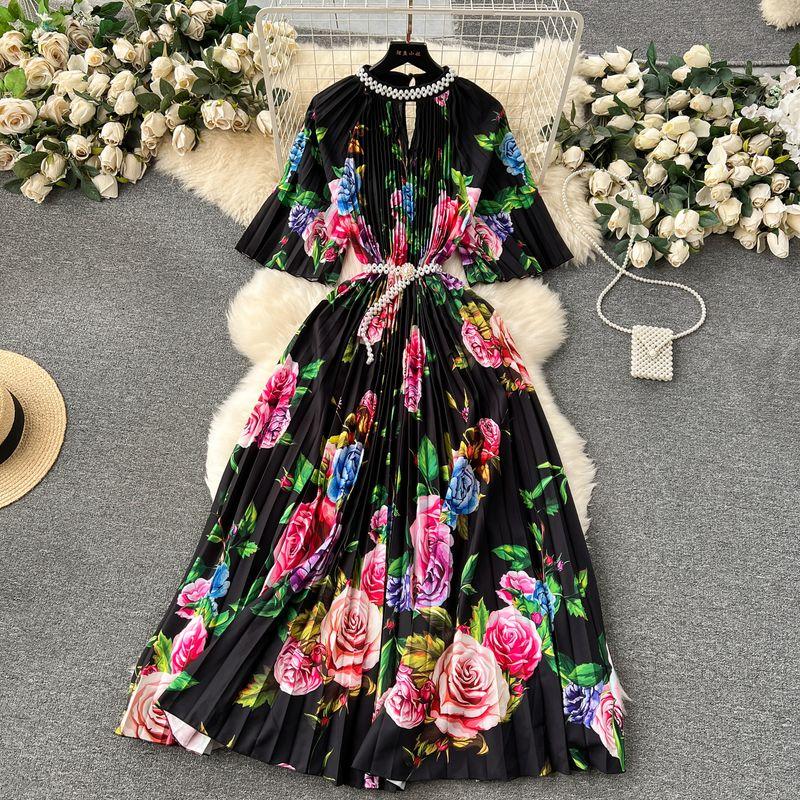 

Women s European Style Long Dress Pleated Skirt Heavy Industry Beads Pattern 4 One size