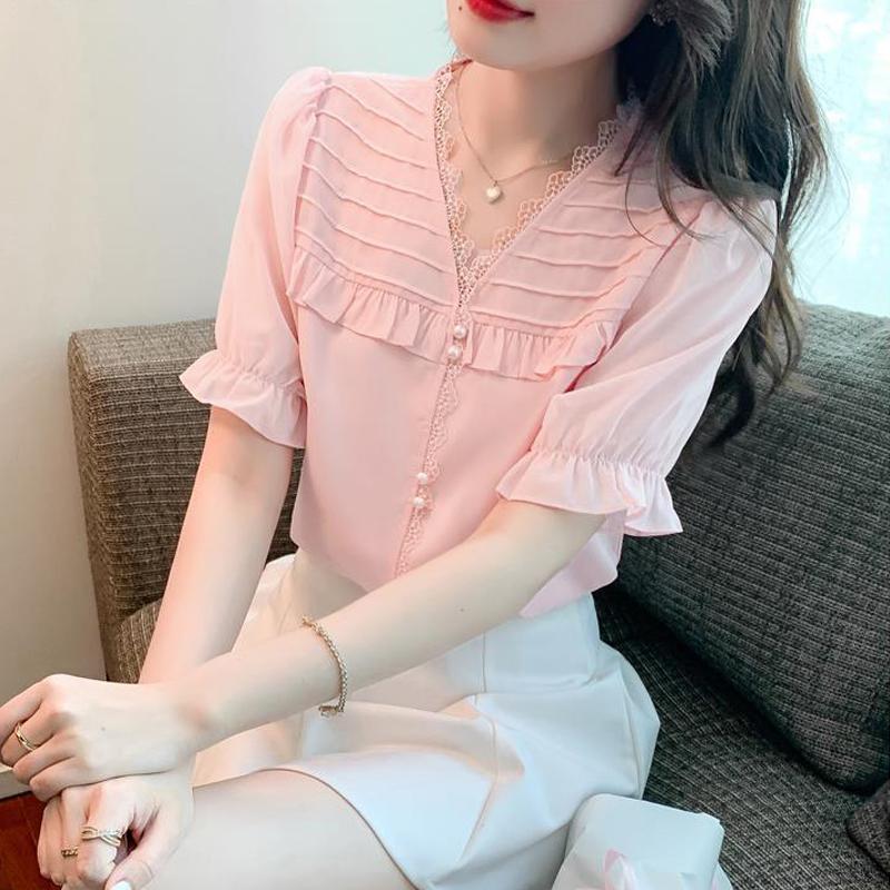 Women's Clothing Summer Fashion Ruffle Lace Patchwork Blouse Elegant Sweet Chic Shirt Casual Solid V Neck Short Sleeve Tops