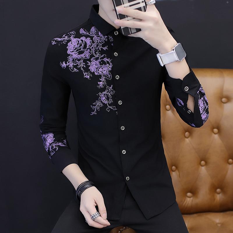 Spring and Autumn Men's Long Sleeve Shirt Fashion Casual Rose Pattern Print Shirt Men's Business Social Banquet Slim Shirt