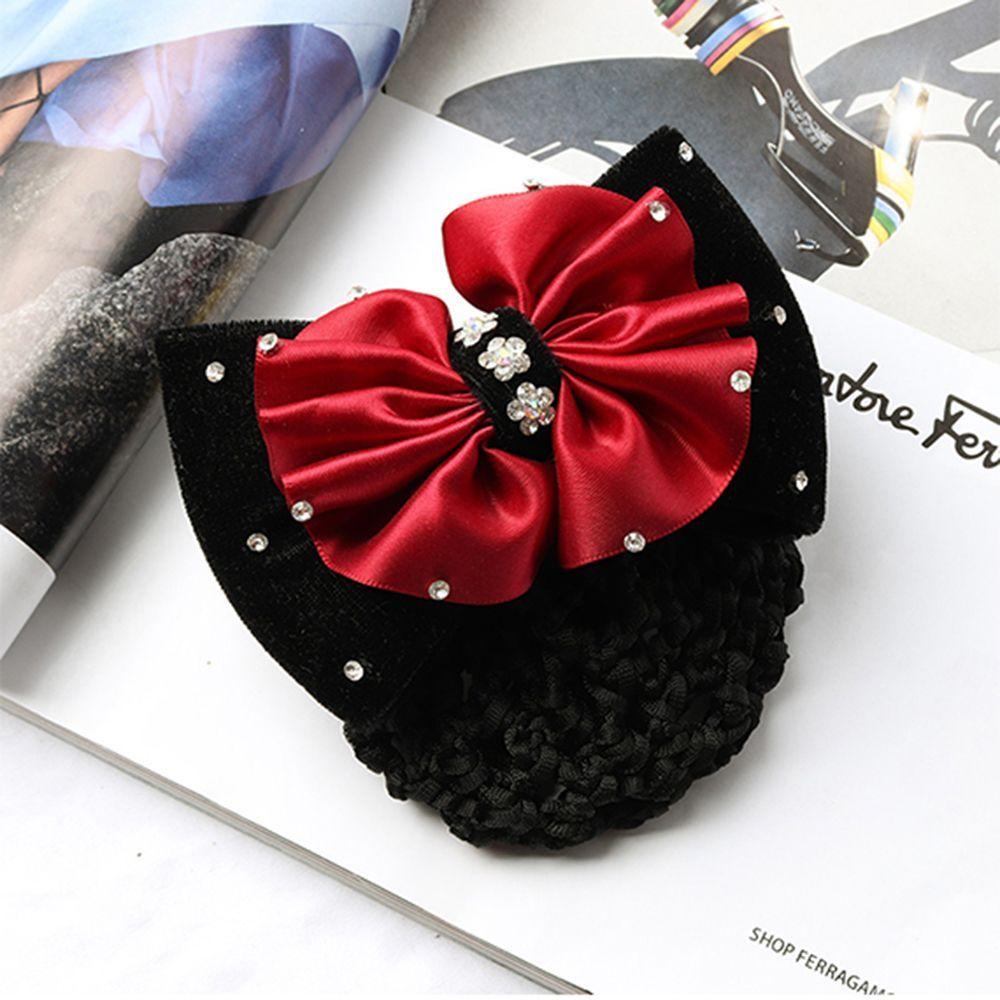 Fashion Bow Satin Rhinestone Barrette Net Bun Snood Hair Clip Cover Bowknot Hair Accessories
