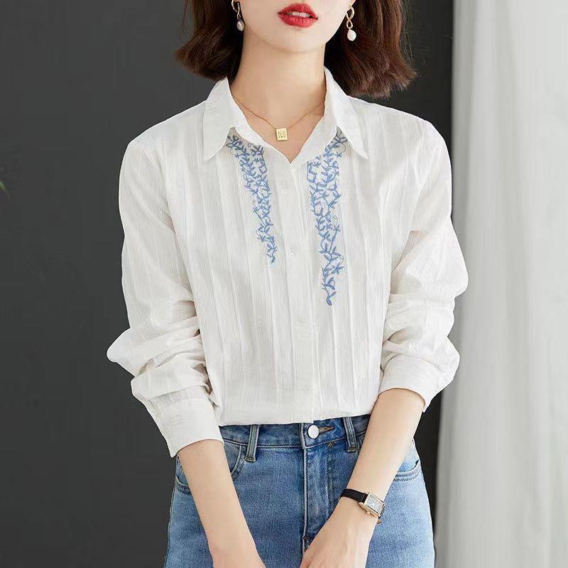 Cotton Embroidered White Shirt with Sun Protection Spring Autumn Design Niche Long Sleeved Blouse Top for Women