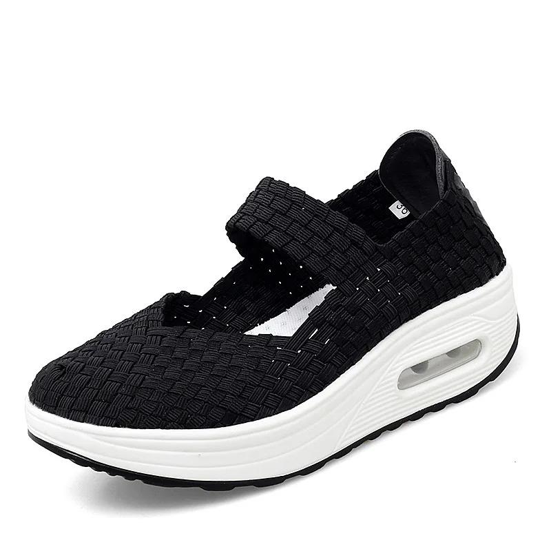  2025 Breathable Casual Women Shoes Loafers Platform Wedges Autumn Woven Slip on Nylon High Heel Pumps Square Dancing