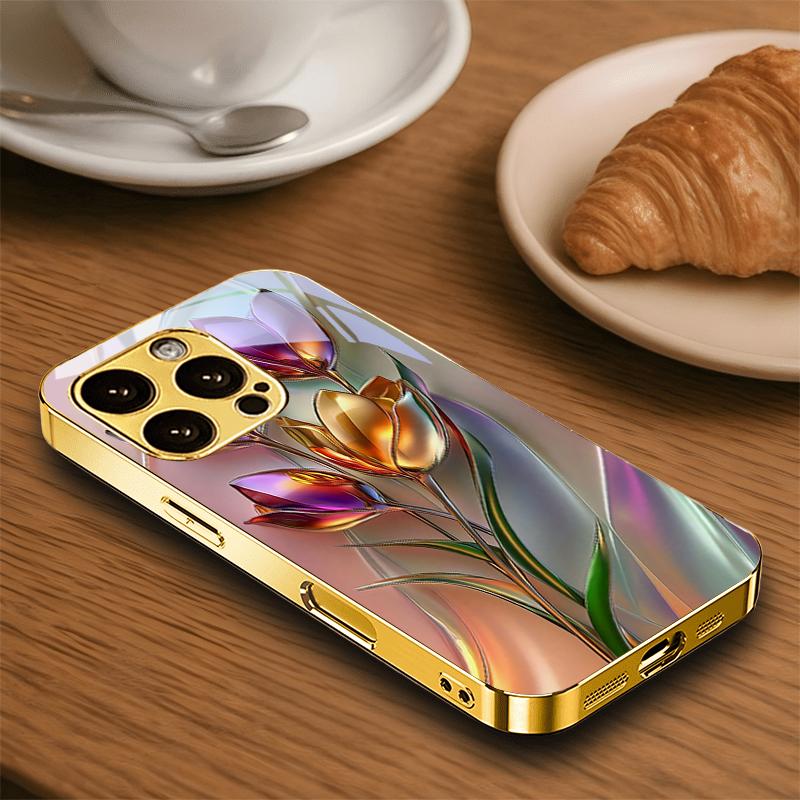 Glossy Metallic Flower Electroplated Golden Phone Case For iPhone 17 16 15 14 13 12 11 Pro Max Plus 16E 17Air 7 8 X Glass Cover