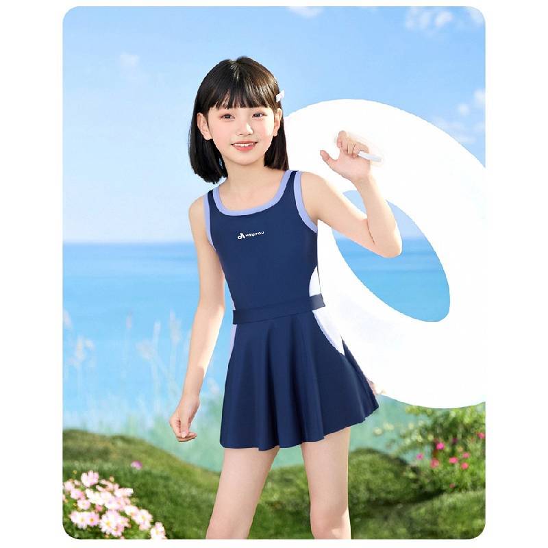 Childrens Swimsuit Girl Onepiece Sunscreen Dress With Detachable Bra For Water Sports