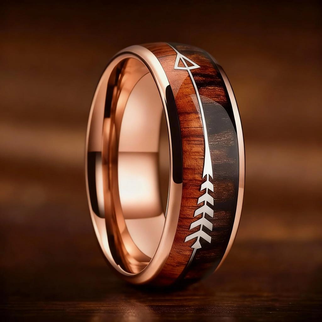 8mm Men Stainless Steel Rings, Rose Gold Color Brushed Koa Wood And Arrow Rings for Men, Wedding Jewelry Christams Gift