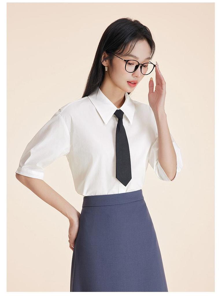 Women's Short-Sleeve White Wrinkle-Resistant Professional Shirt and Suit Dress Set for Work or Interviews