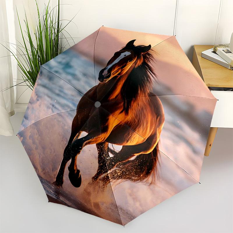 1pc Horse Ocean Automatic Open/Close Umbrella 8-Rib Strong Frame, Portable Travel Umbrella for Women & Men, Birthday Gift Parties 053
