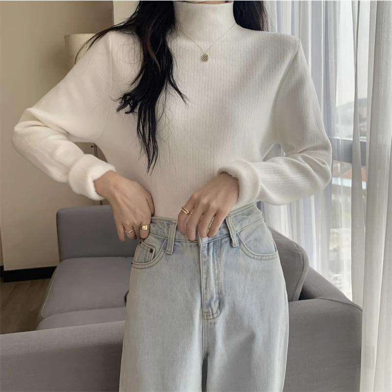 Pullover Autumn and Winter Sweater Women's Fleece Thickened Integrated Fleece with Semi-turtleneck Pullover Bottoming Knitted Sweater Thermal Top
