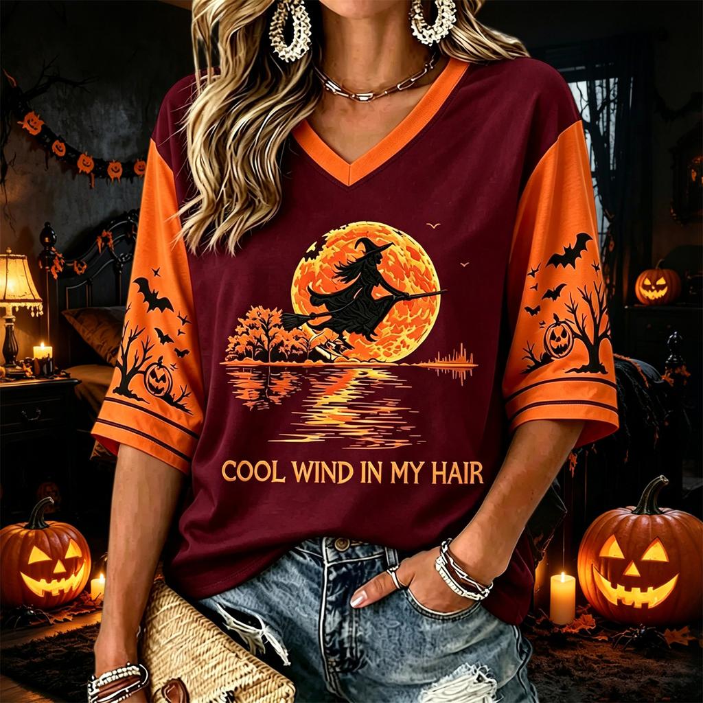 Women's Halloween Print V-Neck T-Shirt Casual Fashion Top