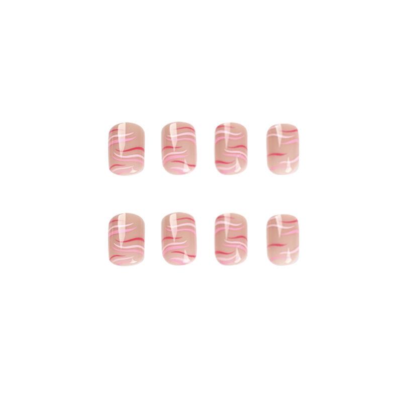 Pink & Red Color Block Striped Wave Short Nail Art Tips