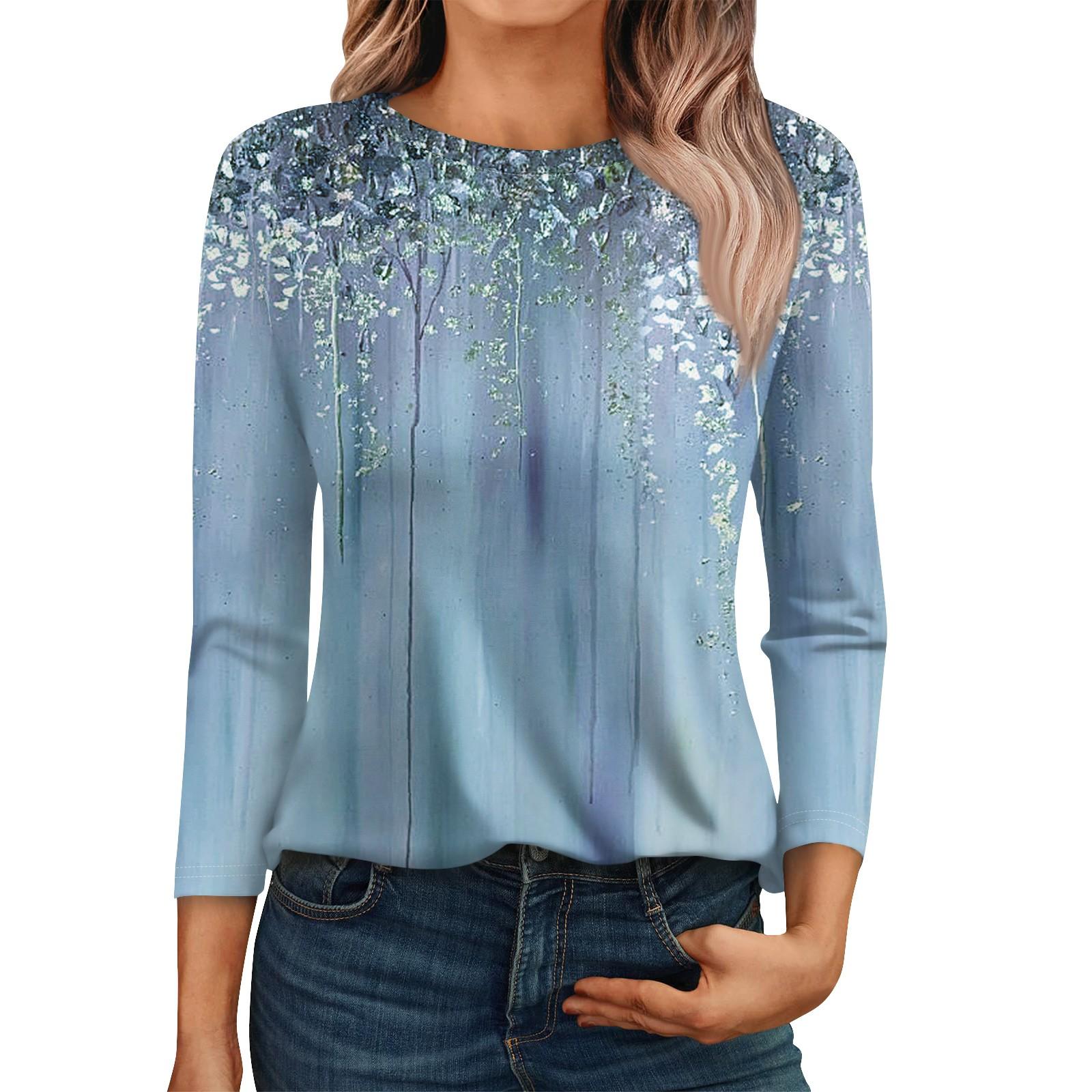 

Рубашки с рукавом 3/4 для женщин, милые футболки с графическим принтом, блузки, повседневные базовые топы больших размеров, пуловеры XXL светло-синий