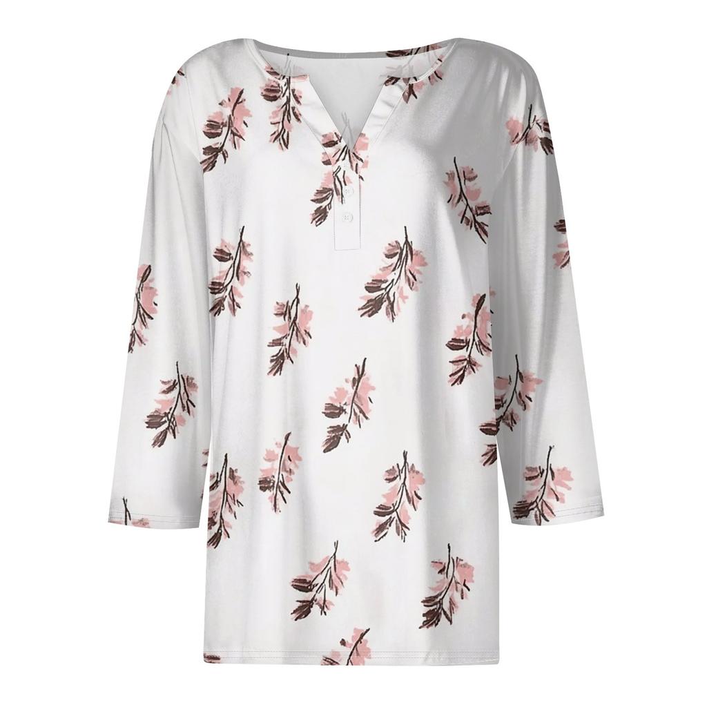 Dámská móda Neformální květinový potisk Tričko s výstřihem do V Krátký rukáv Ozdobný knoflík Tříčtvrteční rukáv Top
