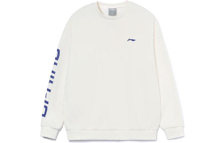 Li Ning Training Collection Logo Print Thermal Fleece Lined Loose Fit Pullover Sweatshirt Unisex White AWDRF44-3 L
