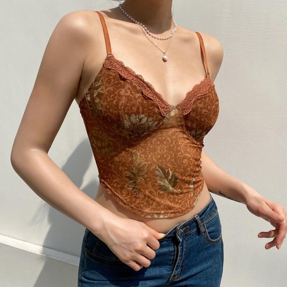 Slim Fit Lace Camisole Brown Lace Splicing Tank Top Streetwear Lace Corset Travel