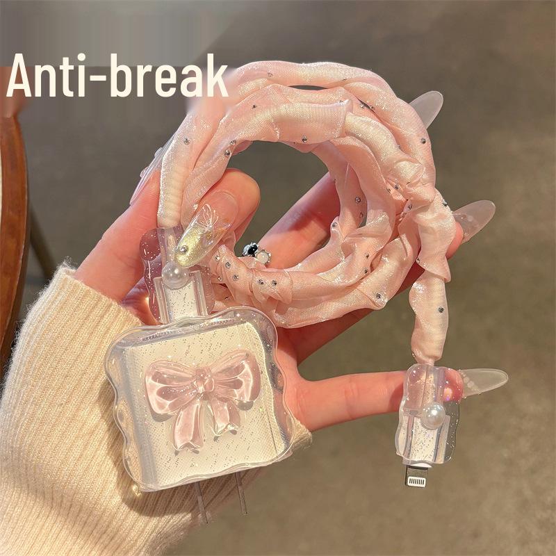 Pink Bow Protective Charger Case for iPhone 16/15/14/13 - Anti-Break Cable & Fast Charging