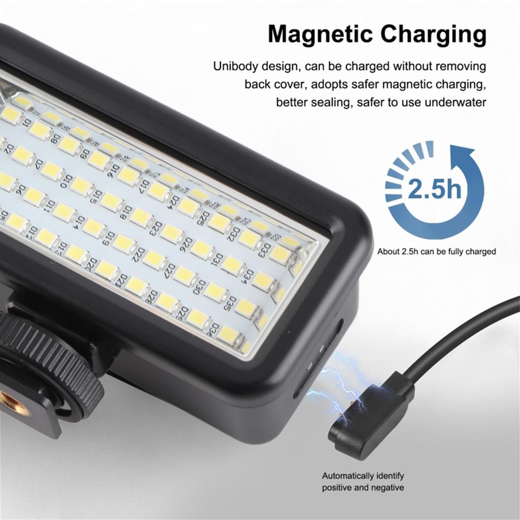 40m Underwater Fill Light IPX8 Water Resistant 40LED Diving Light with 8pcs Color Filters 6000 6500K Magnetic Charging