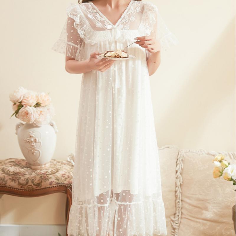 Síťované pyžamo Dámské s výstřihem do V Korejský Vintage Krajkový Elegantní Princezna noční košile s krátkým rukávem Domácí oblečení Midi šaty