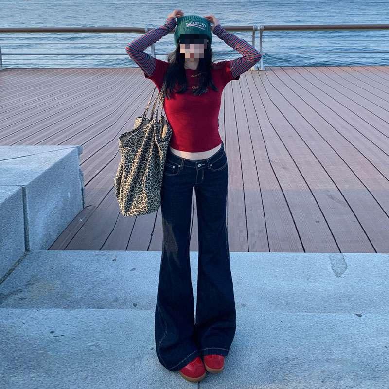 

Women s Retro Dark Blue Low-Waist Micro-Flare Jeans - Loose, Floor-Length, Non-Stick, Autumn 2026 Collection XL темно-синього кольору