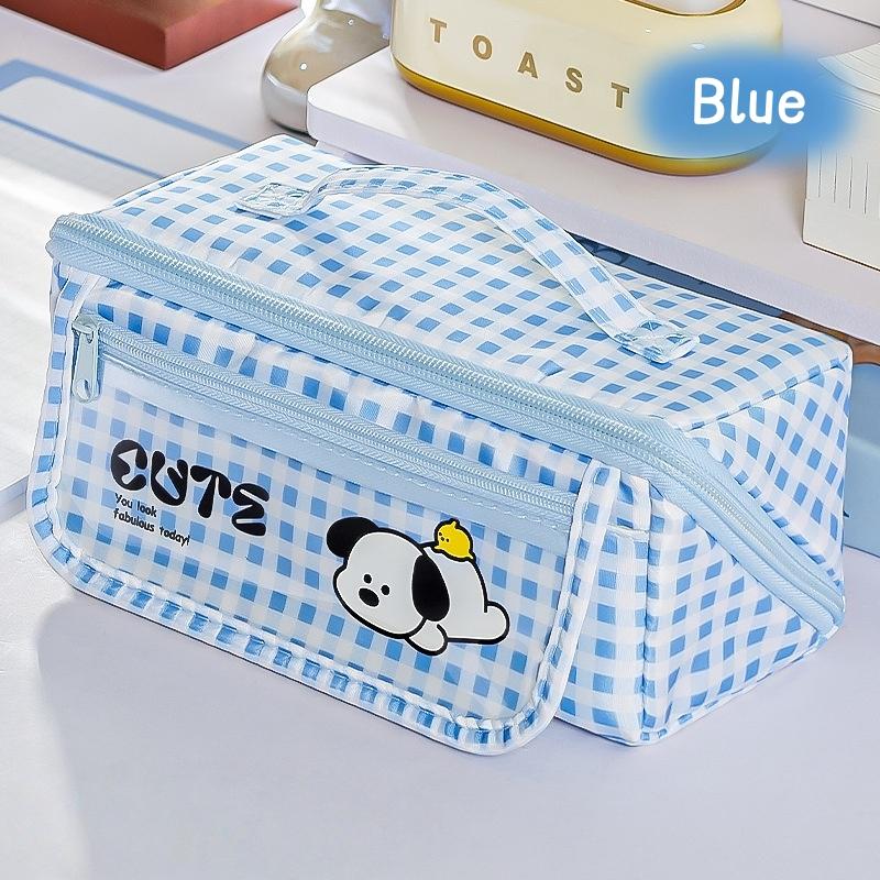 Cute Plaid Puppy Large Capacity Pencil Case Multi-Function Cartoon Stationery Bag with Prism Design Stain Resistant