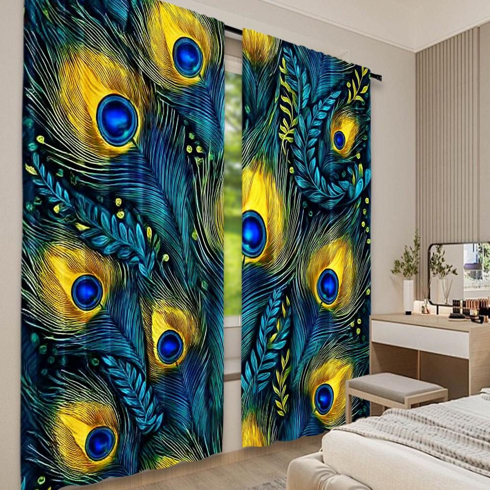 Flat Printing Curtain Peacock Feather Elegance Digital Printed Polyester Drapes All Season Party Holiday Decor Set Of 2 Made Washable