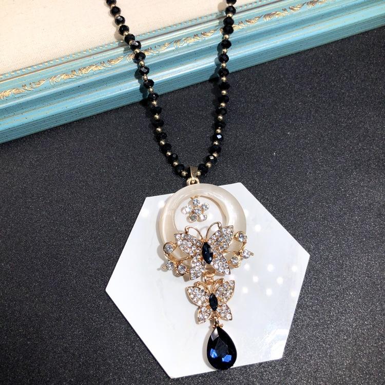 Retro Long Crystal Sweater Chain Women's Versatile Temperament Flower Pendant Necklace Fashion Ethnic Style Hanging Accessories