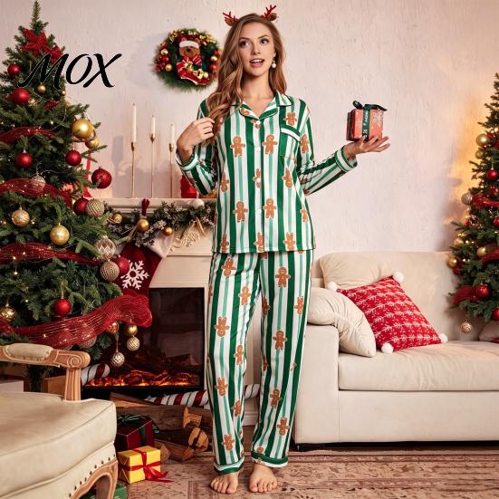 Comfortable Home Wear Christmas Pajamas 2-Piece Set for Women, Striped Gingerbread Man Print Lounge Set, Button Down Long Sleeve Top Pants Sleepwear
