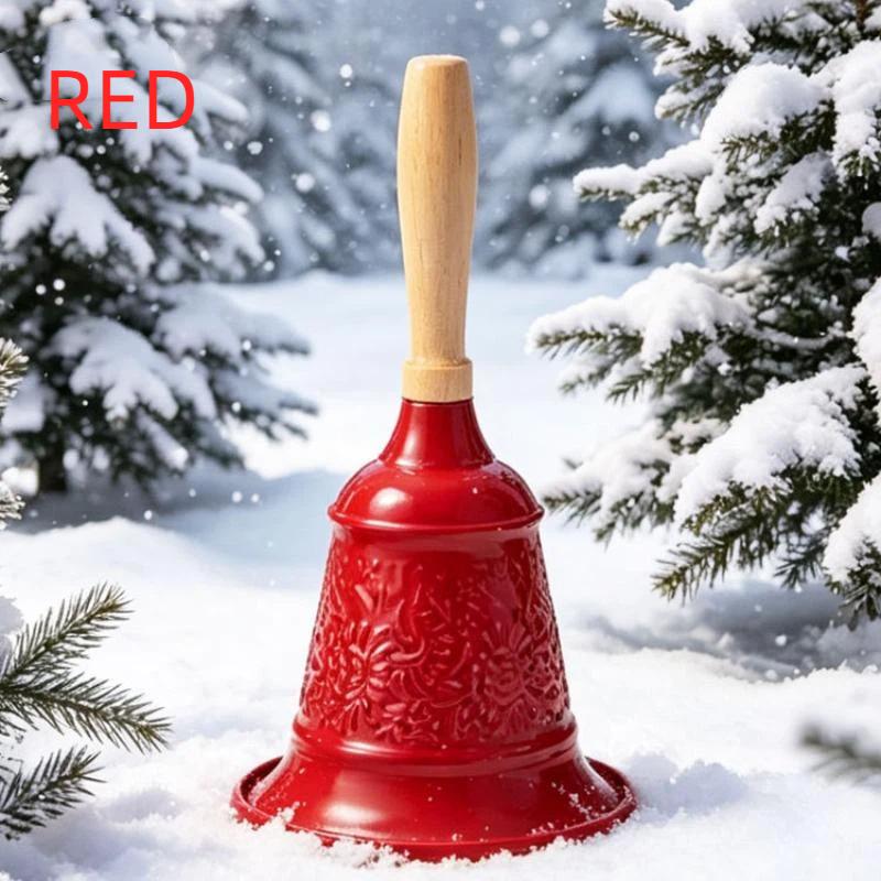 Christmas Iron Hand Bell Red Gold Embossed Pattern Wooden Handle for Holiday Gift Giving Restaurant Call Bell