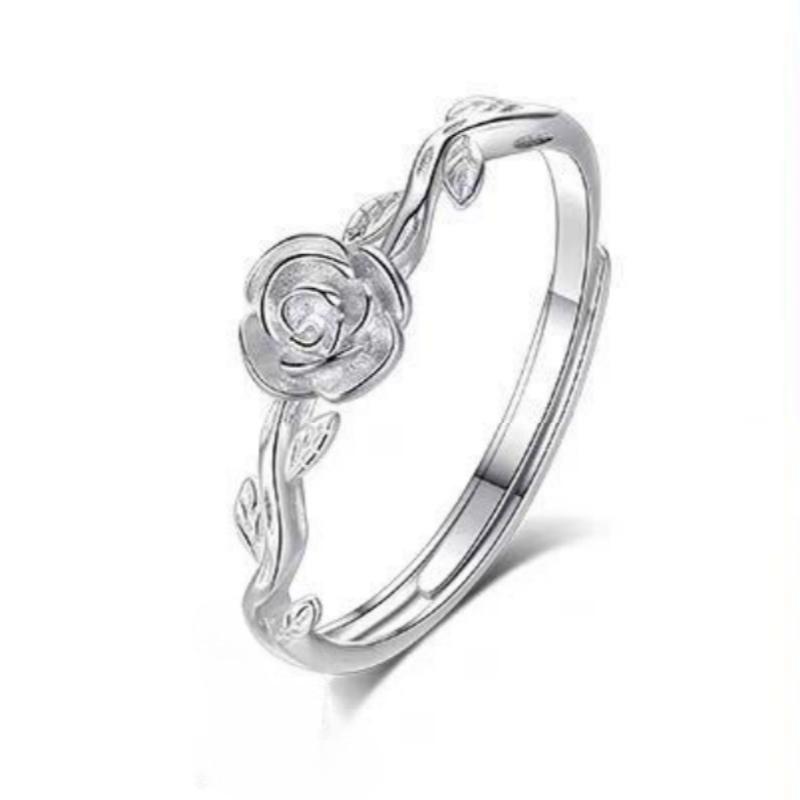 Sterling Rose Flower Couple Ring Set Adjustable Opening Minimalist Fashion Jewelry Men Women