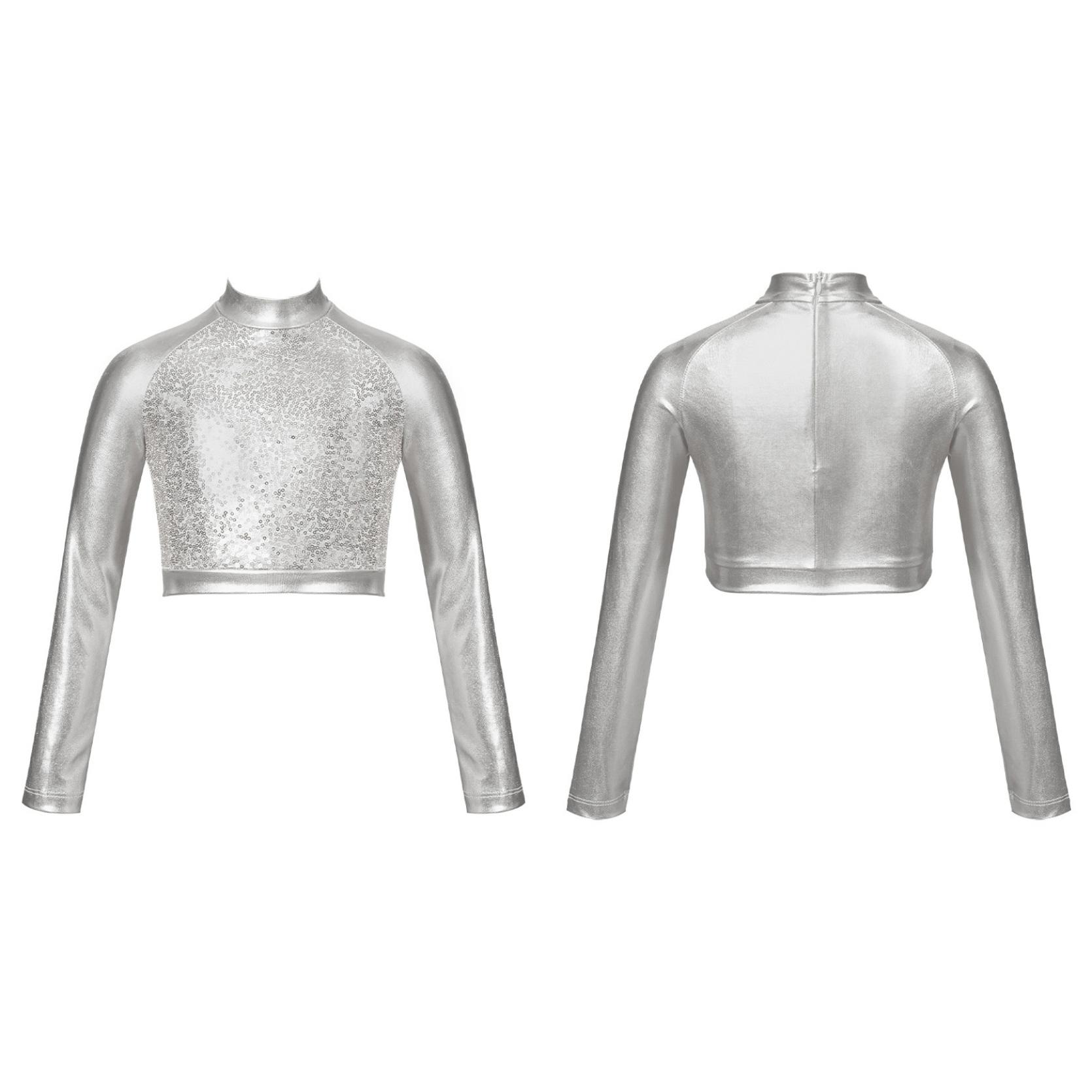 

Футболка з довгим рукавом і блискучим блиском для дітей, дівчаток, балетне купальник, гімнастичне виконання 5-6 Years срібний