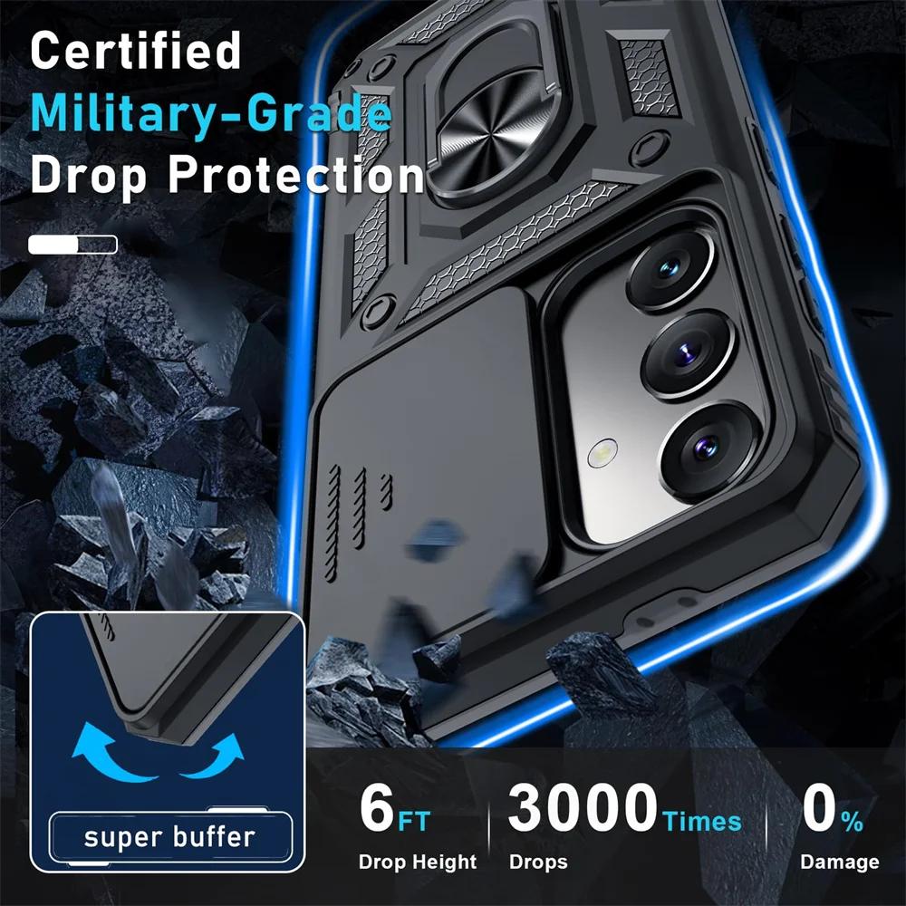 Military Armor Camera Slide Case For Samsung A16 A55 A35 A15 A53 A13 A73 A33 A52 A54 A34 A14 A24 Magnetic Ring Stand Phone Cover