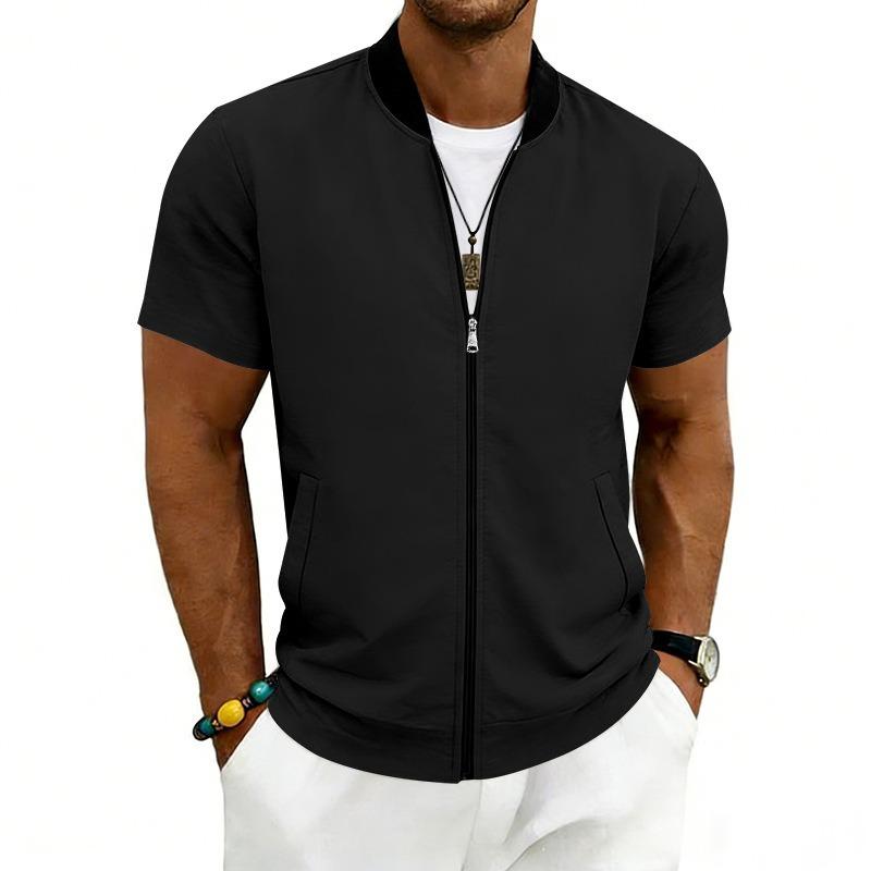 HNXC Men's Vintage Casual Solid Color Print Summer Spring Short Sleeve Stand-up collar Jackets & Coats Classic Exquisite