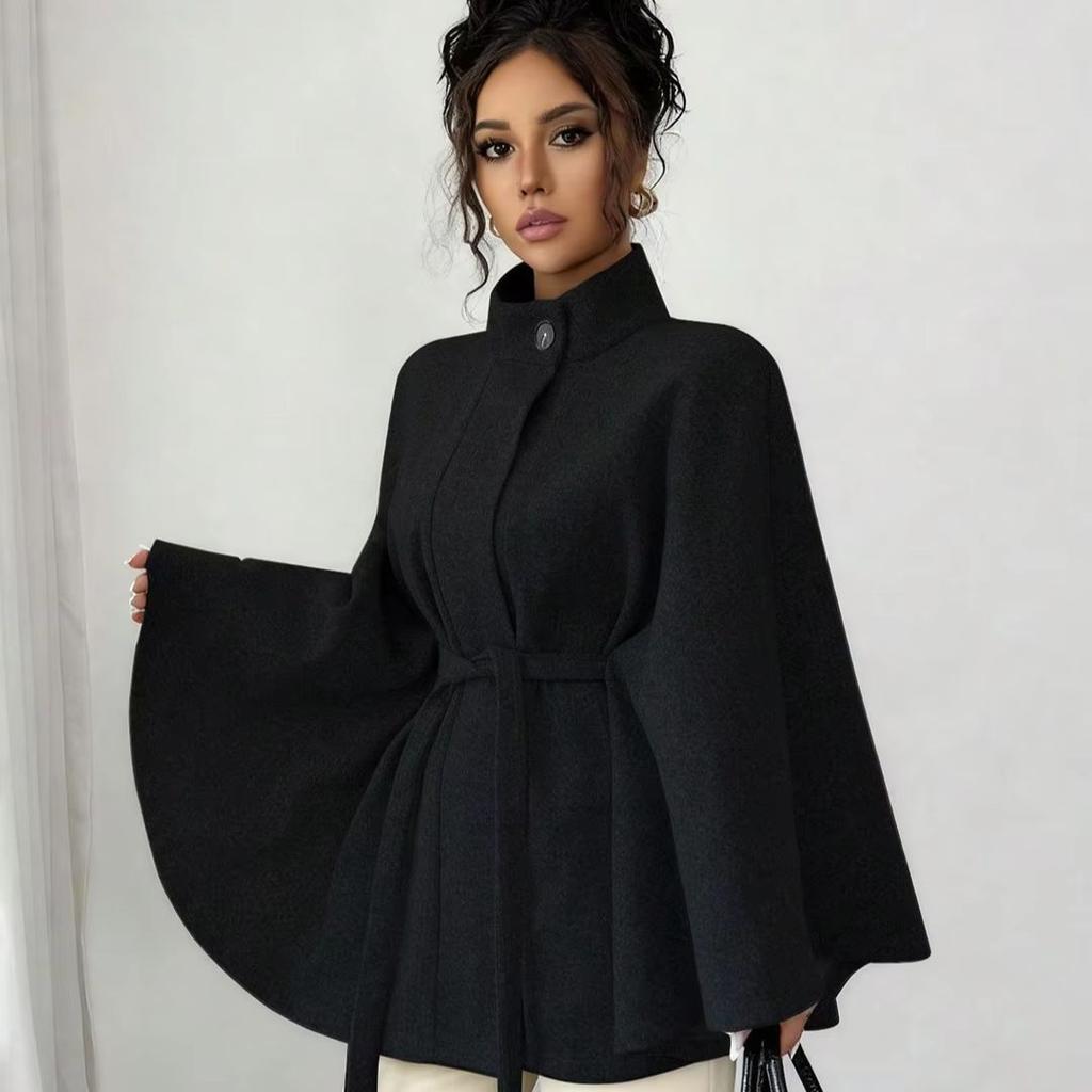 Women’s Clothing Elegant, Stand-Up Collar, Tie-Up Waist, Cloak-Style Design with a Sense of Grandeur, Woolen Coat.