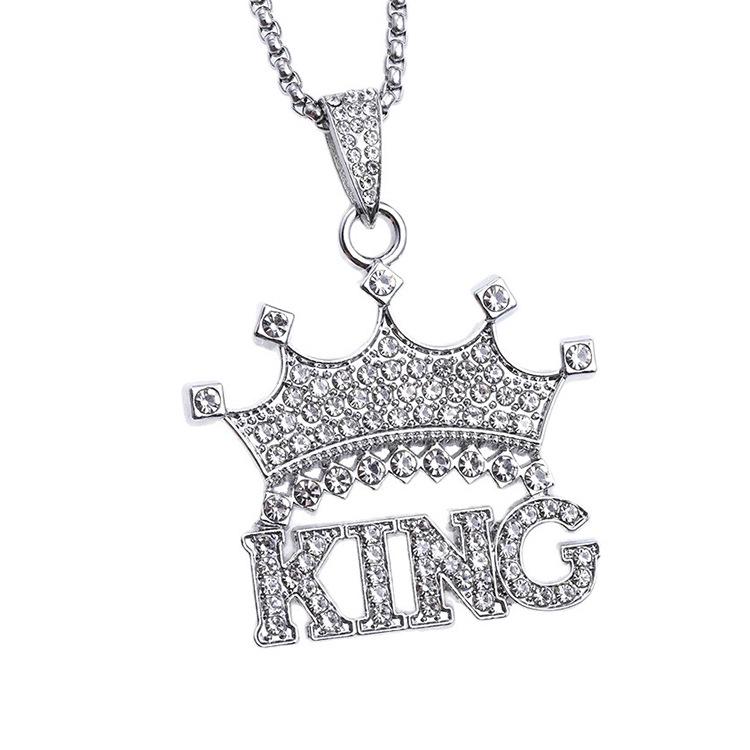 Unisex European and American Crown Letter KING Full Diamond Pendant Necklace - Trendy Hip-Hop Jewelry