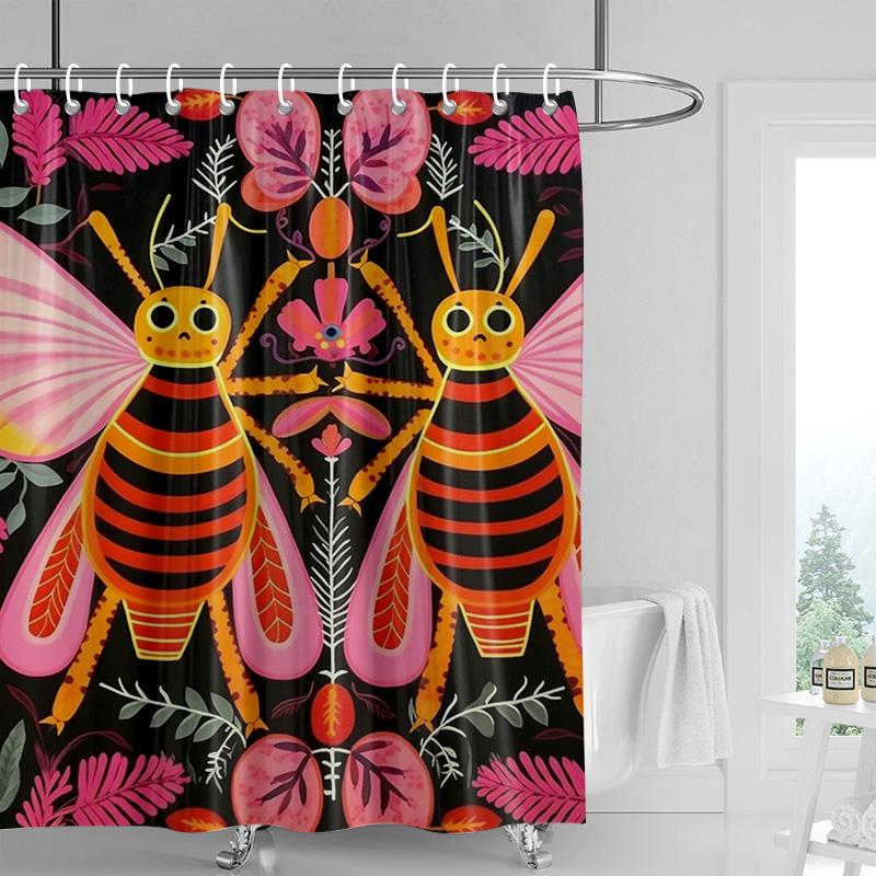 Cartoon Bienen Duschvorhang, Schwarz & Orange Streifen mit Rosa Floralem Hintergrund, Wasserdichte Badezimmerdeko für Kinder & Moderne Wohnungen