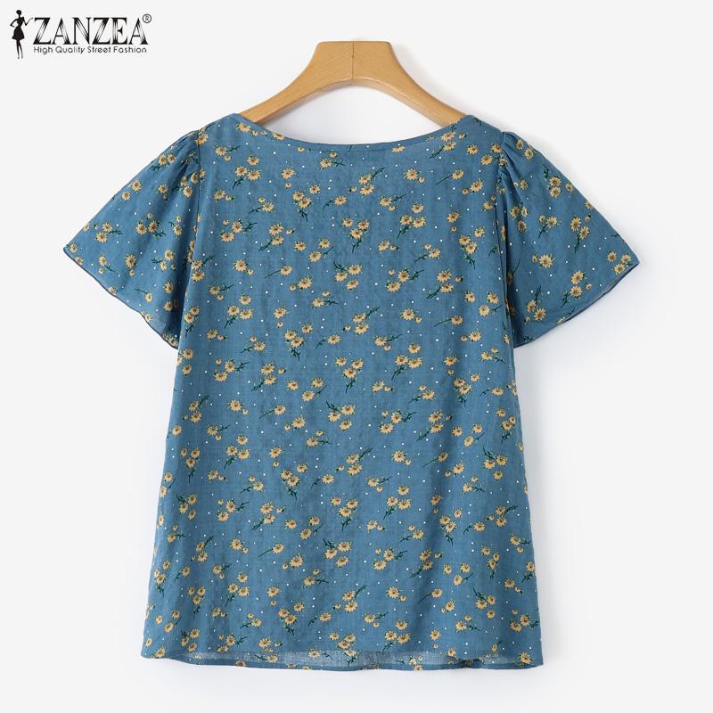ZANZEA Kobiety Casual Falbany Okrągły Dekolt Krótki Rękaw Bluzka z Nadrukiem Kwiatowym