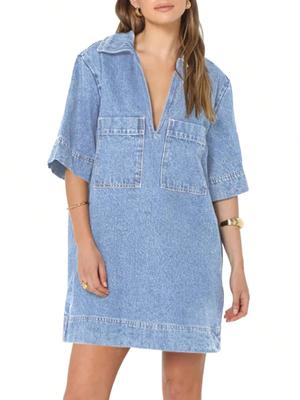 Vestido Mini Camisa Vaquera de Verano para Mujer con Cuello en V y Bolsillos