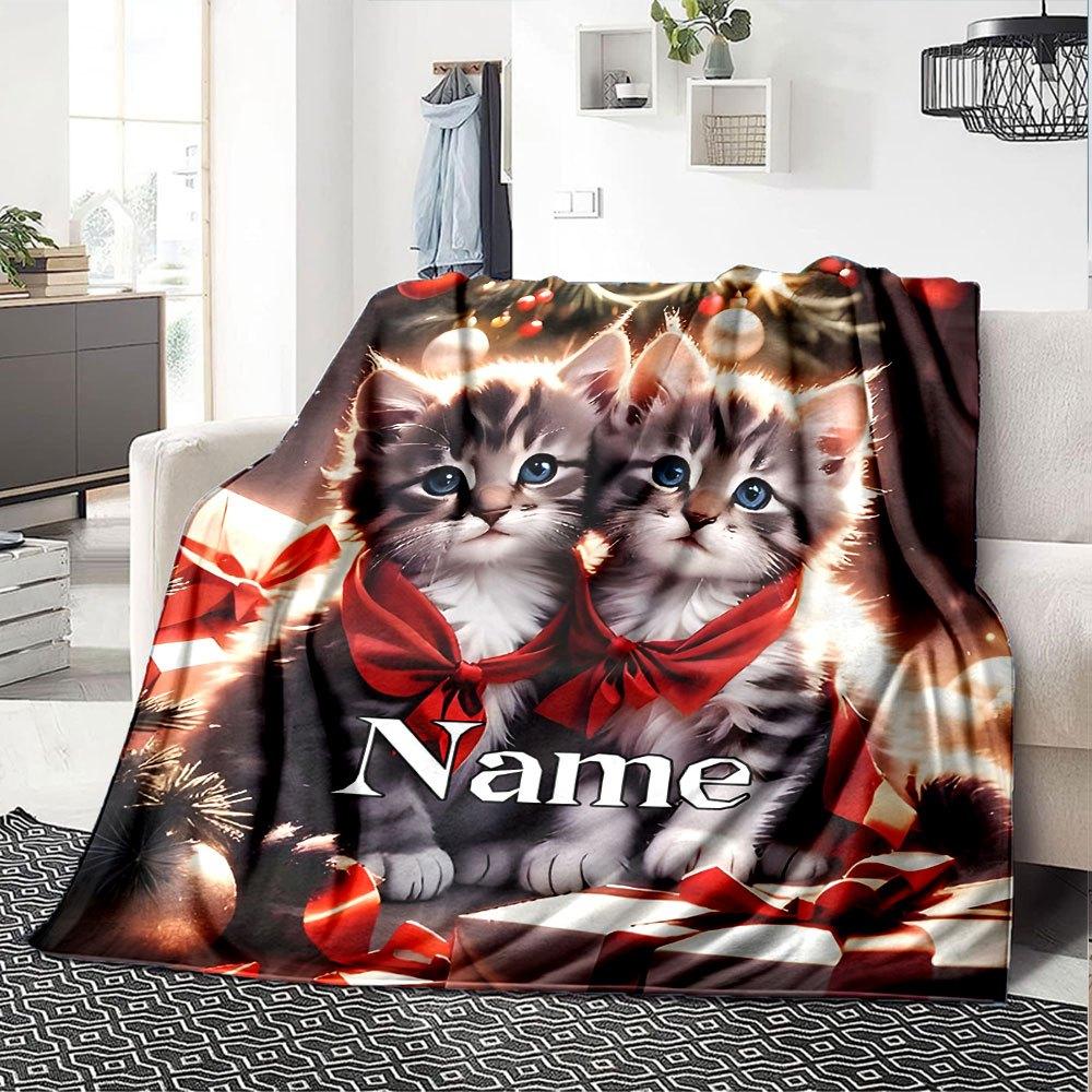 Kittens In Red Ties At Christmas Multi Purpose Customizable Blanket Customize Your Name Ultra Soft Great For Sofa Couch Office Bed Picnics All Season