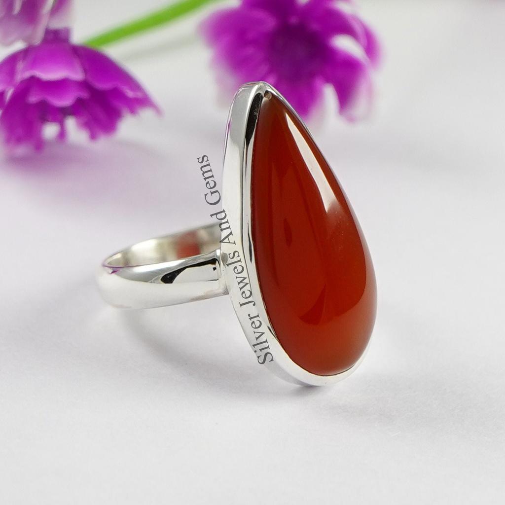 Natural Carnelian Ring, Handmade Ring, 925 Sterling Silver Ring, Gift for her, Gemstone Ring, Promise Ring, Long Teardrop Ring