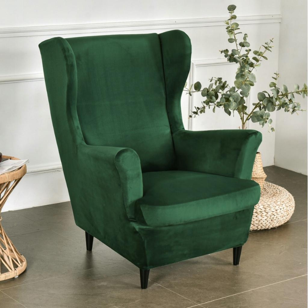 Wingback Chair Cover, Elastic Velvet, XL, Green, Universal Seat