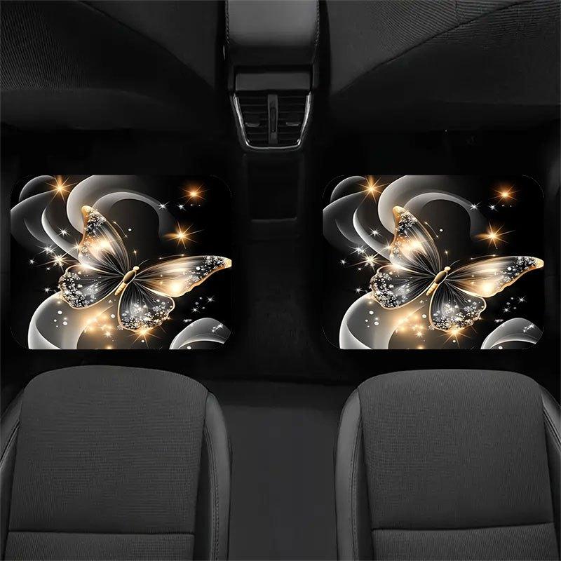 4pcs Set Elegant Butterfly Car Floor Mats with Anti-Slip Design, Soft Velvet-Like Texture (Durable Fabric) - Golden & Black Luxury Pattern