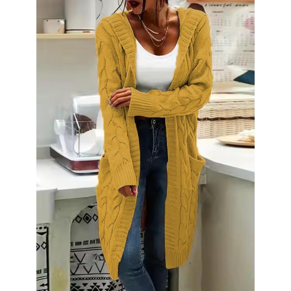 Kapuzenstrickjacke, Strickpullover im neuen Stil, einfarbiger langer Zopf-Taschenmantel für Damen