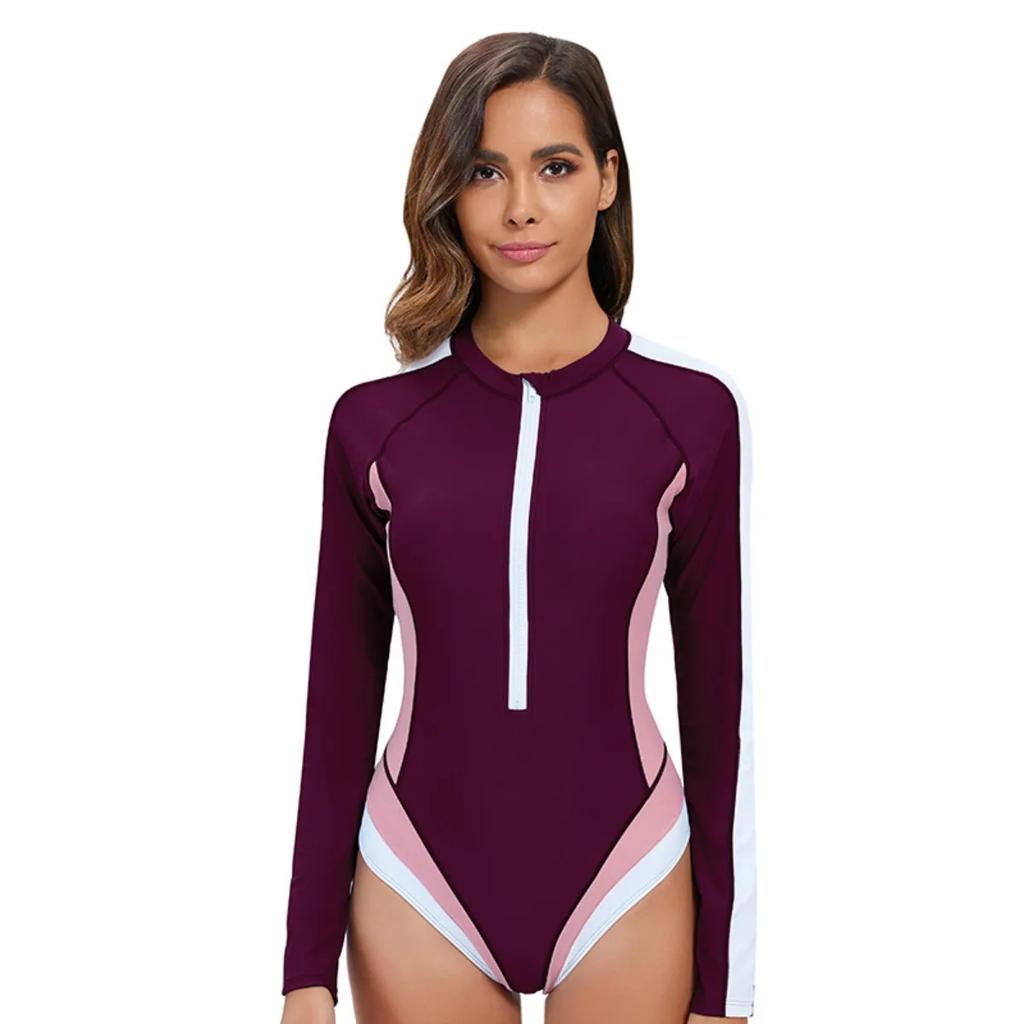 Langärmliger Sonnenschutz Einteiliger Sport-Badeanzug für Damen Hohe Elastizität Schlank Reißverschluss Sport-Bikini Monokini Surfanzug