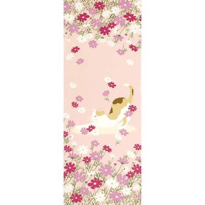 Hamamonyo Illustrated Tenugui Cotton Autumn Cherry Blossoms and a Happy Cat Towel