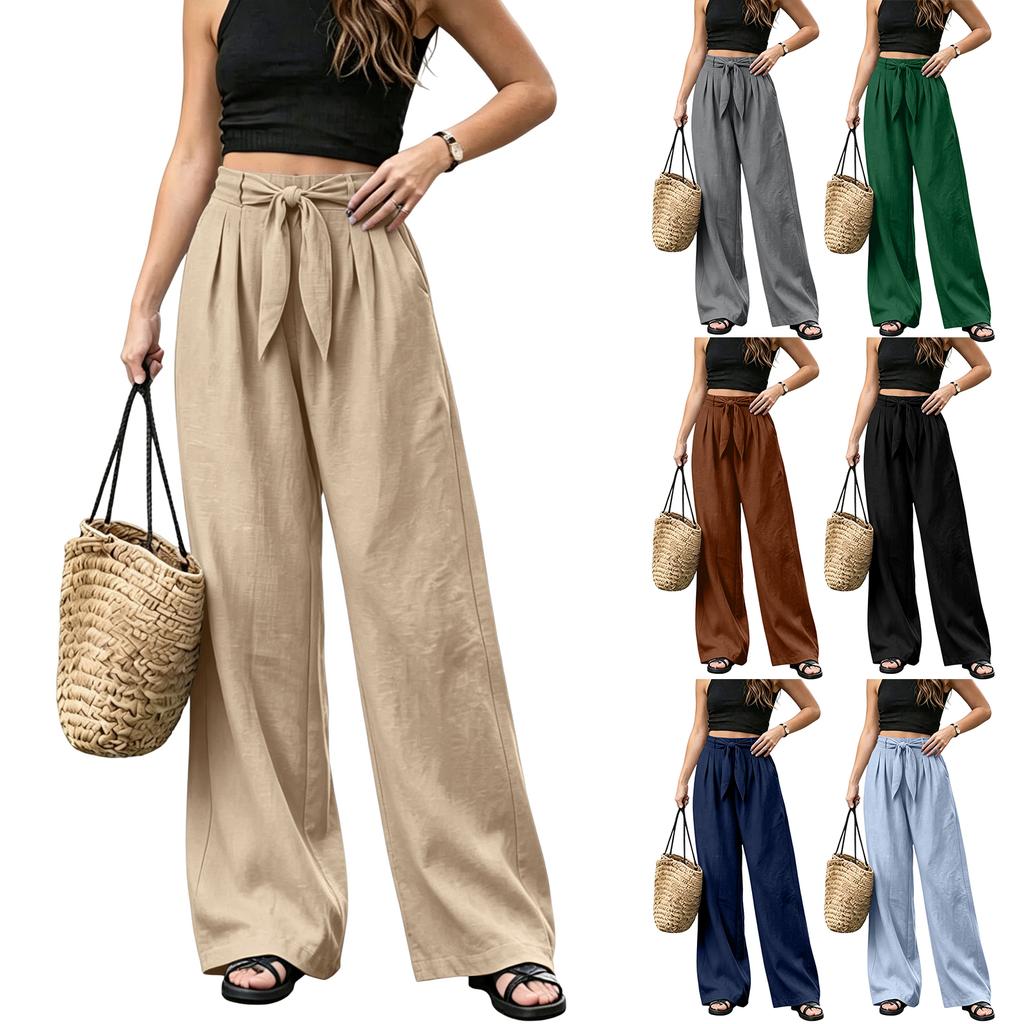 Women's Wide Leg Pants with Bowknot Belt Loose Fit Color Casual Trousers