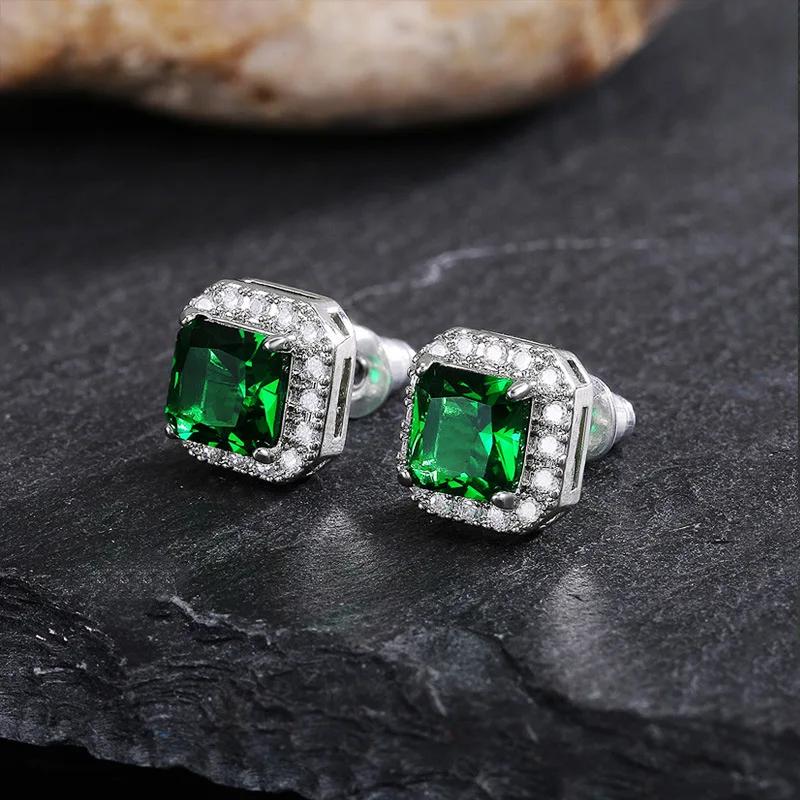 Cute Square Female Emerald Crystal Green Earrings Fashion  Sterling Silver Wedding Earrings Double Stud Earrings for Women