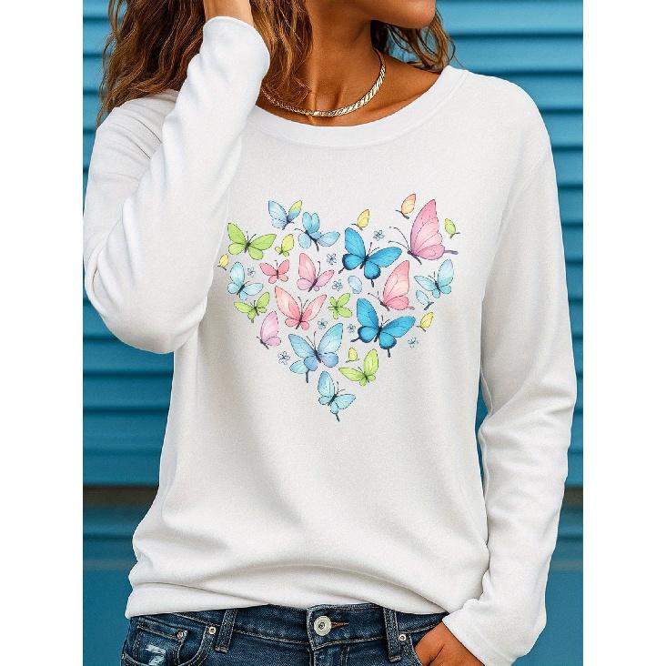 Standard size women's long-sleeve round-neck shirt T Shirt Fashionable Butterfly Heart Print ii 393