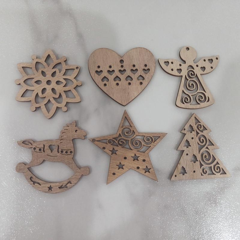 

Набор рождественских украшений в скандинавском стиле: Деревянные снежинки, лошадки-качалки, звезды, ангелы, сердца, ёлки - 6 шт.