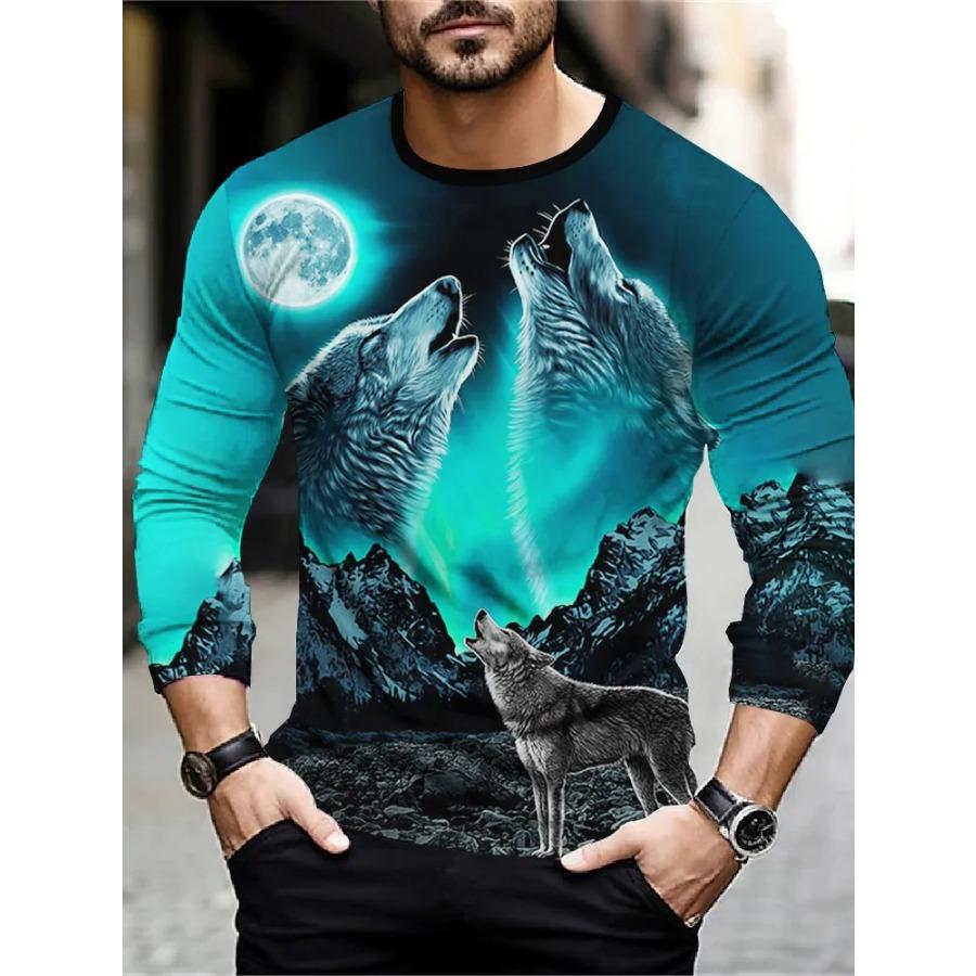 T Shirt for Mens Wolf Pattern Print Long Sleeve Leisure 3D Polyester Man's T-shirts